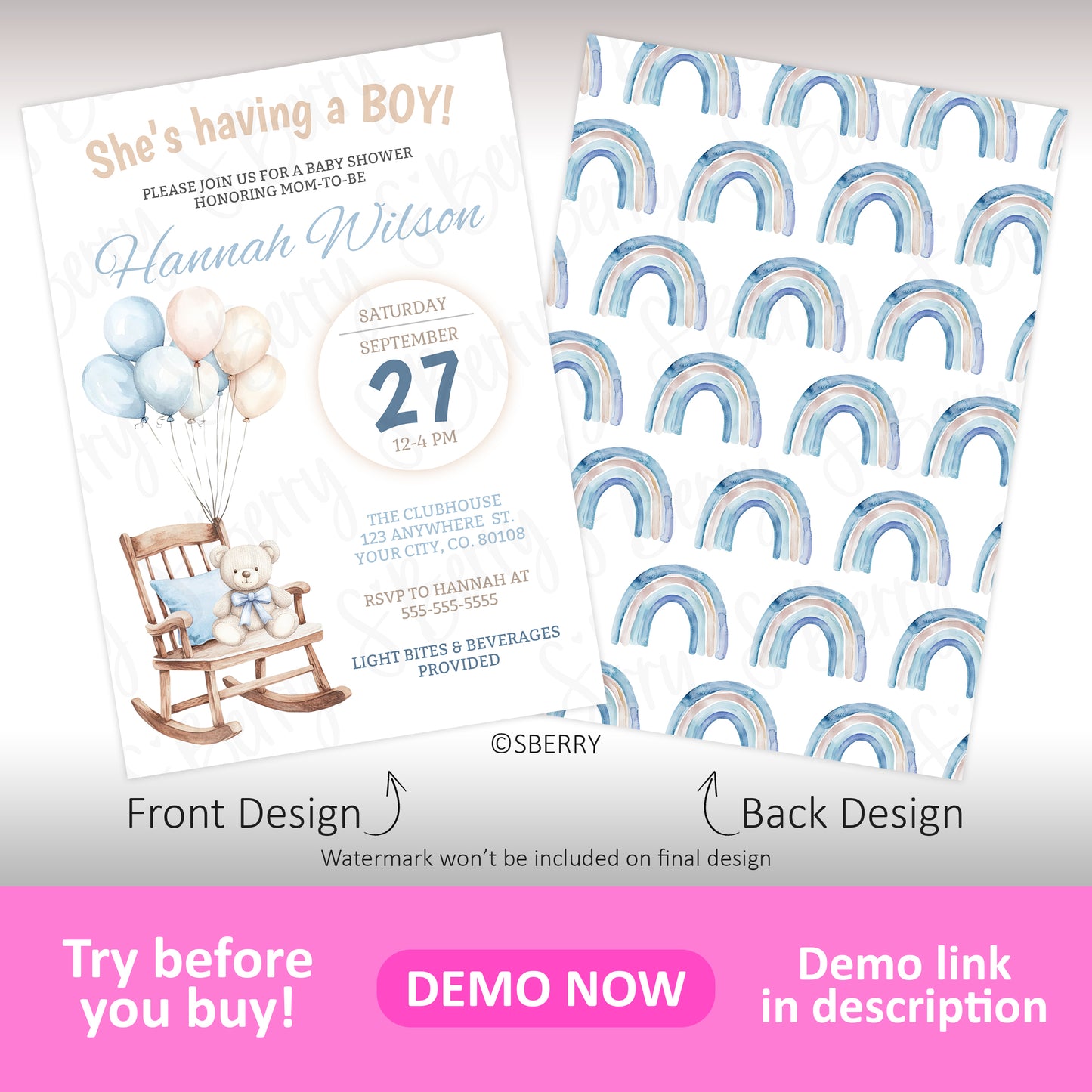 Baby shower invitation card for a boy with a rocking chair, teddy bear, and balloons on the front; blue and beige watercolor rainbows pattern on the back.