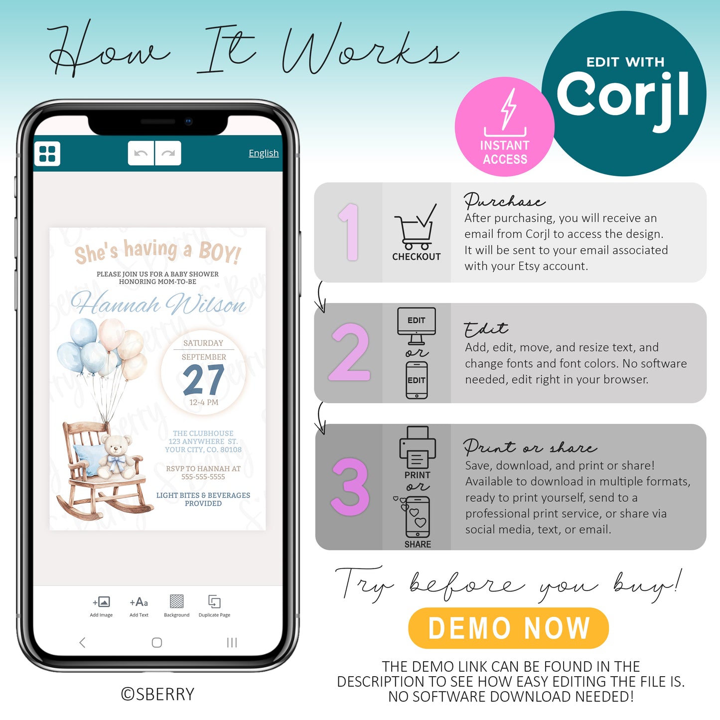 An infographic explains how to use Corjl to customize a digital baby shower invitation on a smartphone, with three illustrated steps and a demo invitation shown on the phone screen.