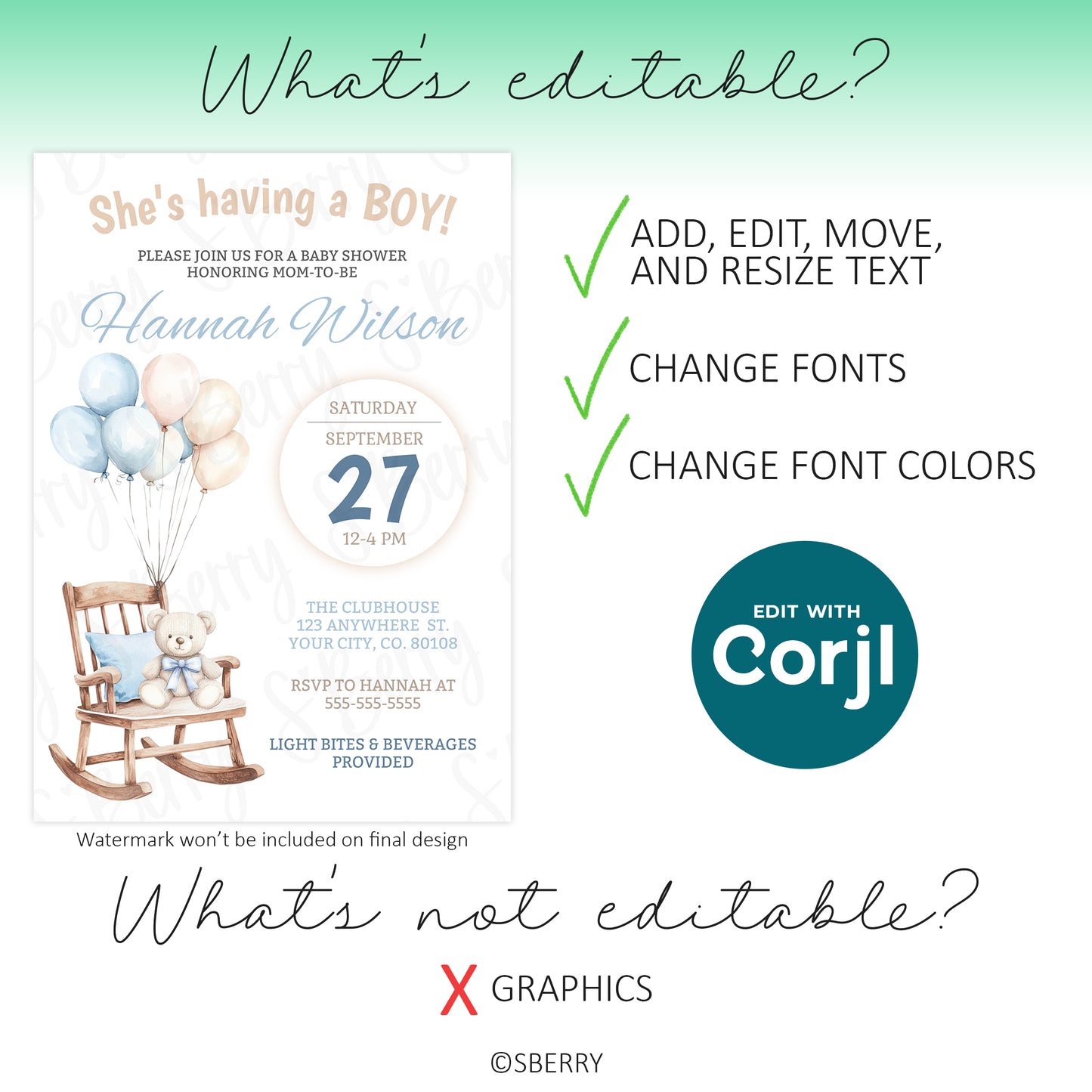 Editable baby shower invitation template for a boy, showing customizable text features and non-editable graphics, with instructions and Corjl logo.