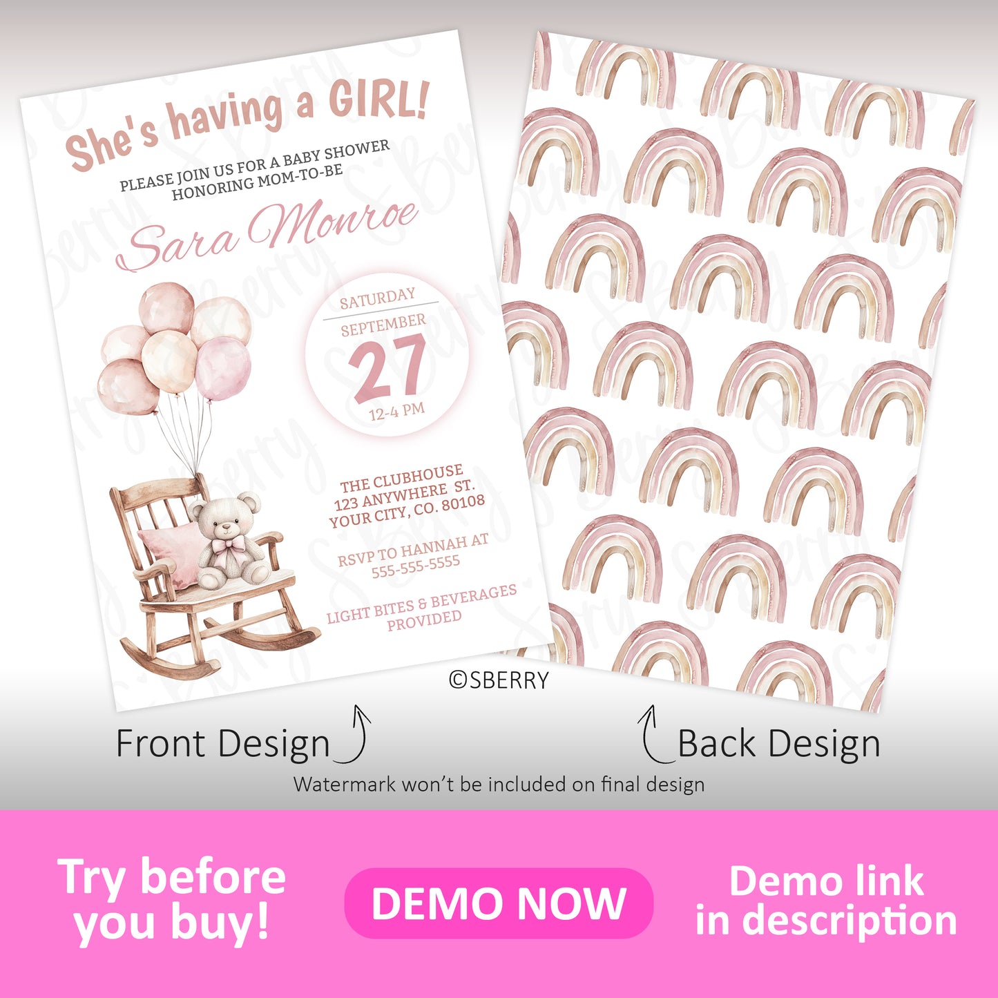 Baby shower invitation for a girl featuring a teddy bear on a rocking chair with event details on the front and a pink watercolor rainbow pattern on the back.