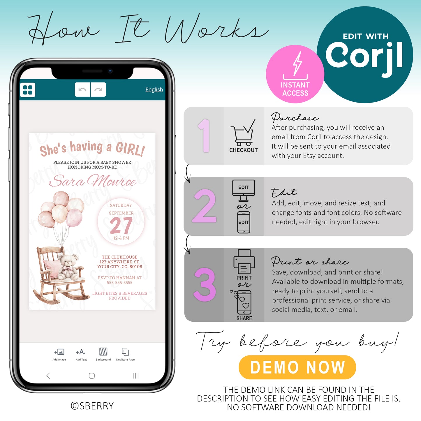 A smartphone displays a baby shower invitation template on the Corjl platform, alongside step-by-step instructions for purchasing, editing, and downloading the design.
