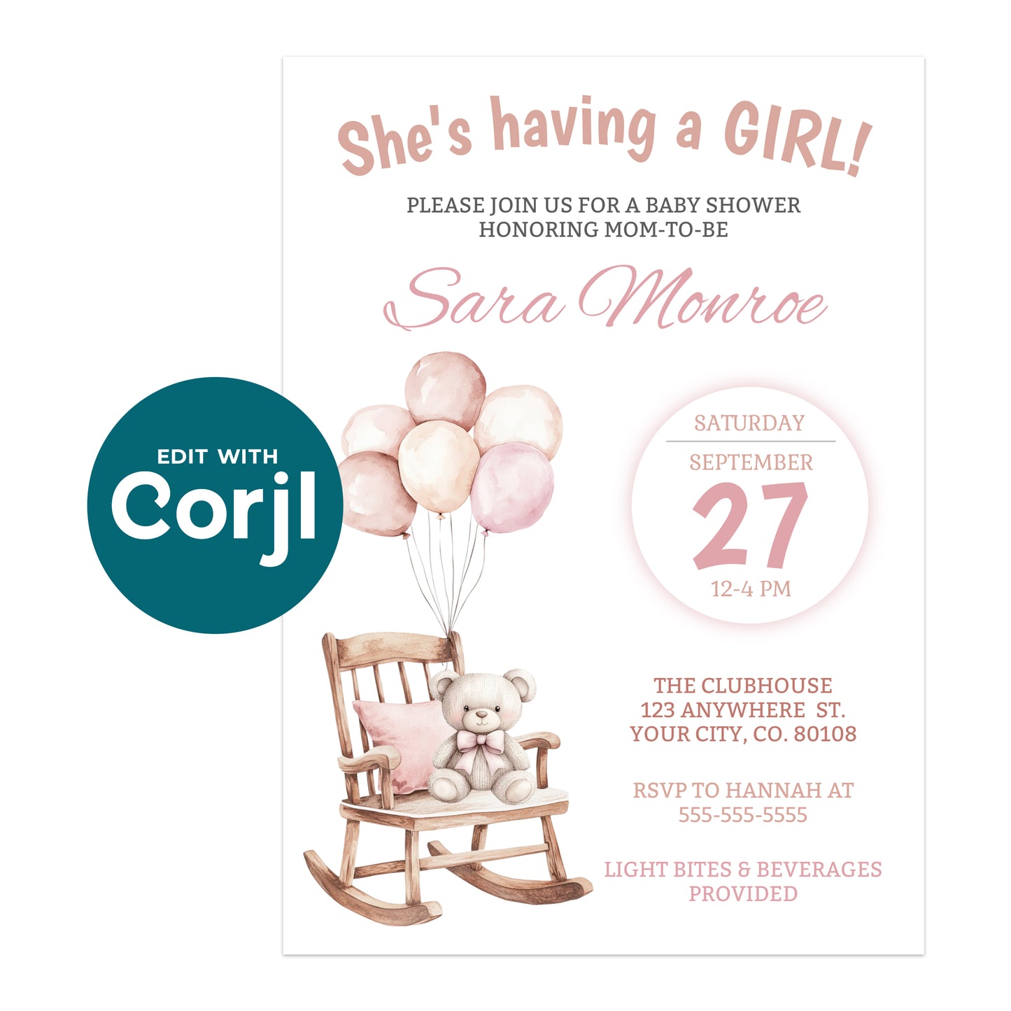 Baby shower invitation for Sara Monroe with pink balloons, teddy bear on a rocking chair, event details, and RSVP information.