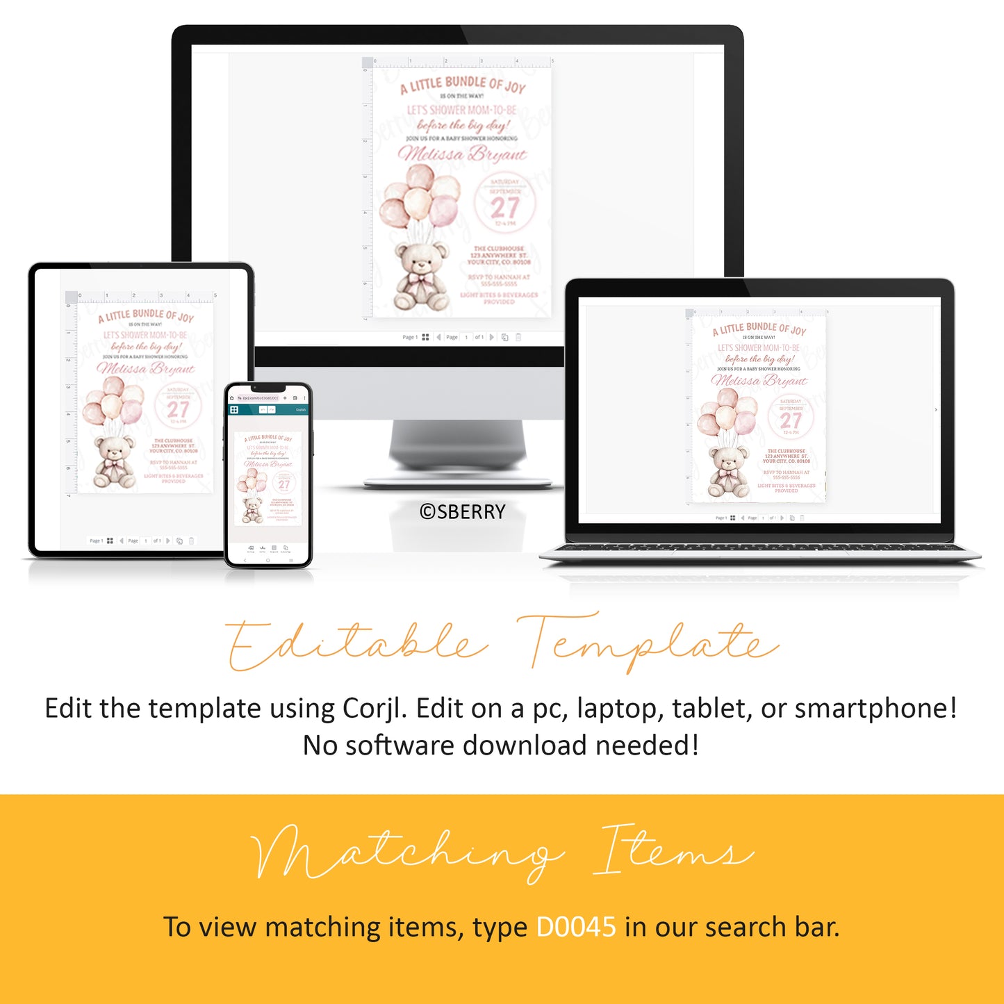 Editable baby shower invitation template displayed on desktop, laptop, tablet, and smartphone screens, with instructions for editing and matching items information below.