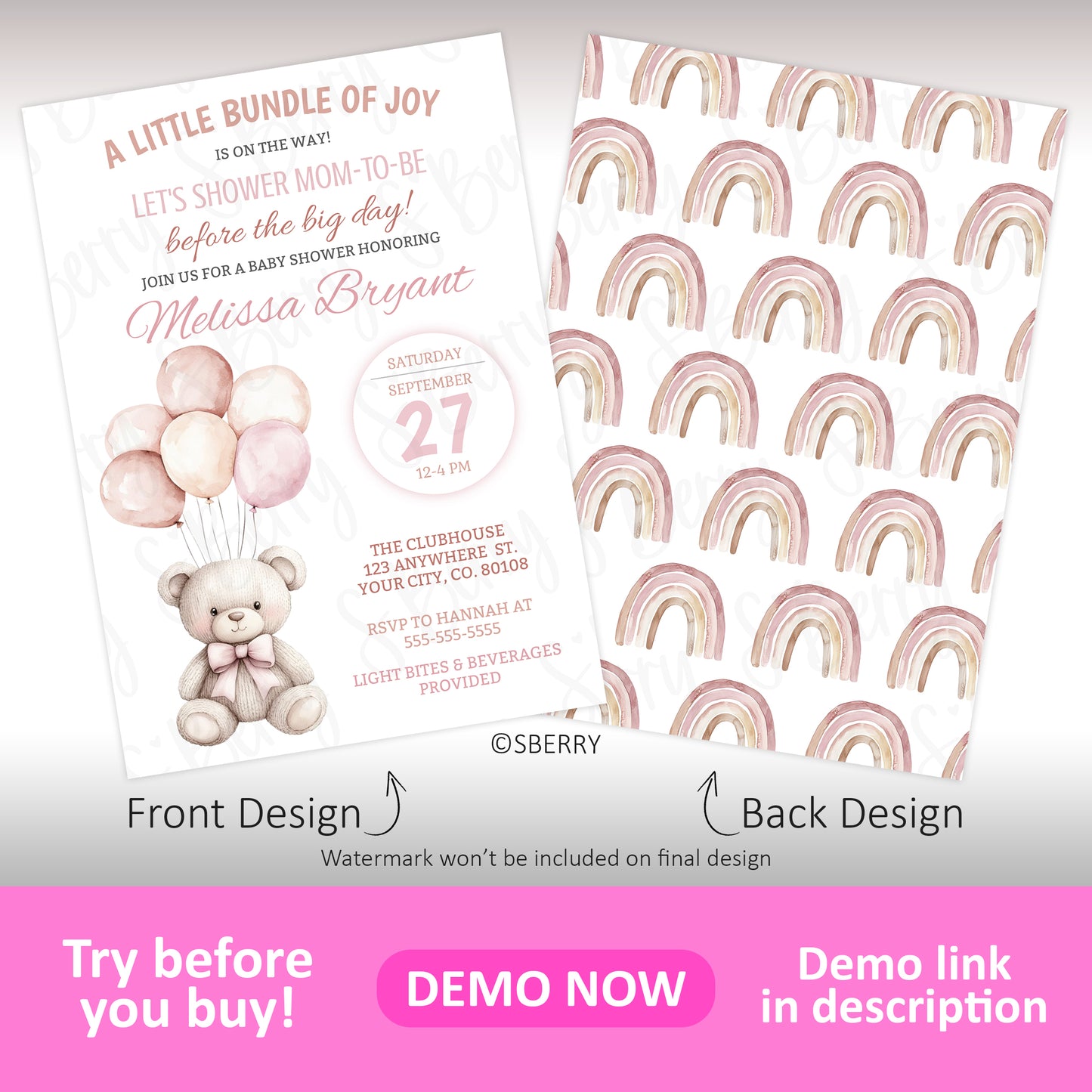 A baby shower invitation features a teddy bear holding balloons on the front and a pattern of pink and beige rainbows on the back.