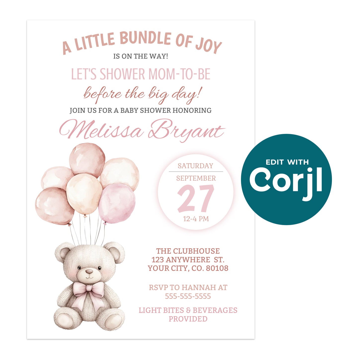 Baby shower invitation featuring a teddy bear holding pink balloons, event details, and RSVP information for a celebration honoring Melissa Bryant.