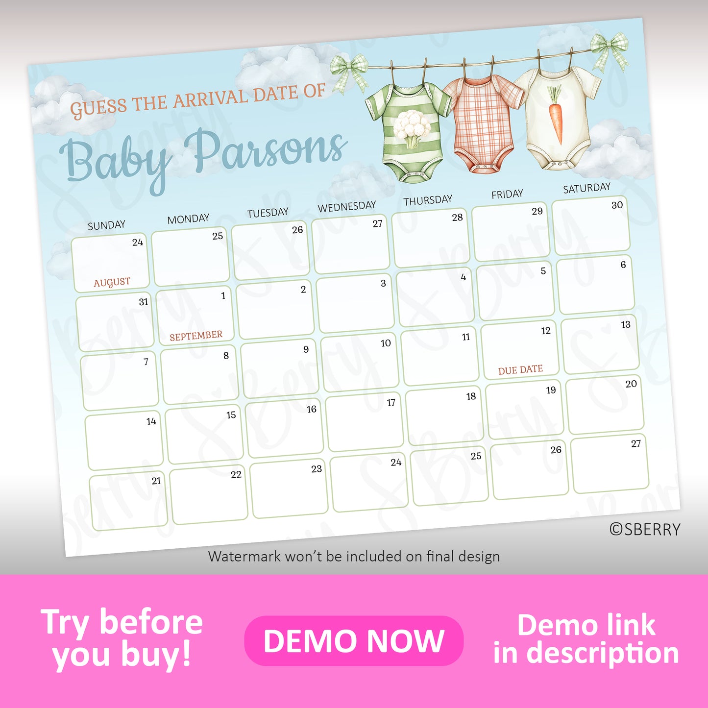 A calendar game card titled "Guess the Arrival Date of Baby Parsons," with baby clothes on a clothesline and empty date boxes for guesses.