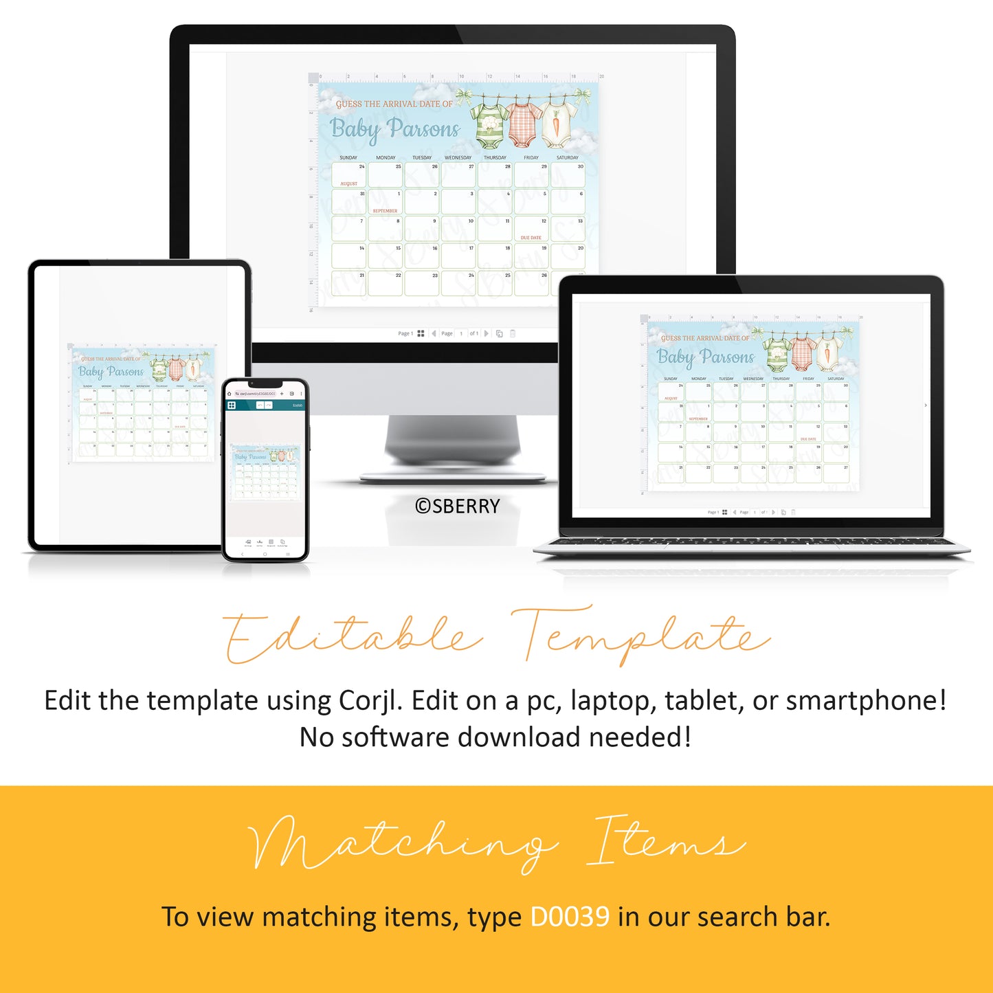 A digital baby shower calendar template is displayed on a desktop, laptop, tablet, and smartphone, illustrating cross-device compatibility for editing.