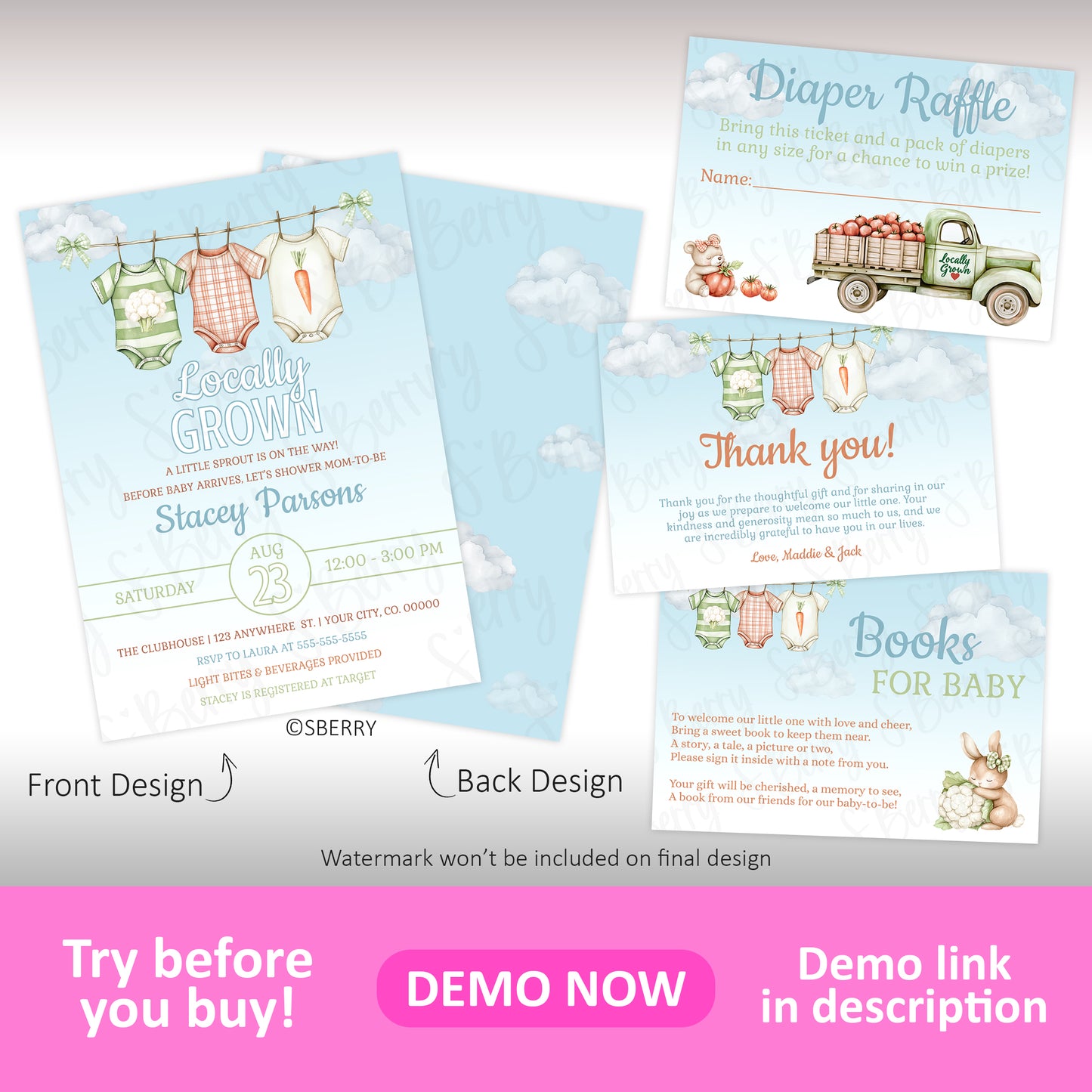 Set of baby shower invitation cards with farm and laundry themes, including a main invite, diaper raffle, thank you card, and book request card, all with illustrations and pastel colors.