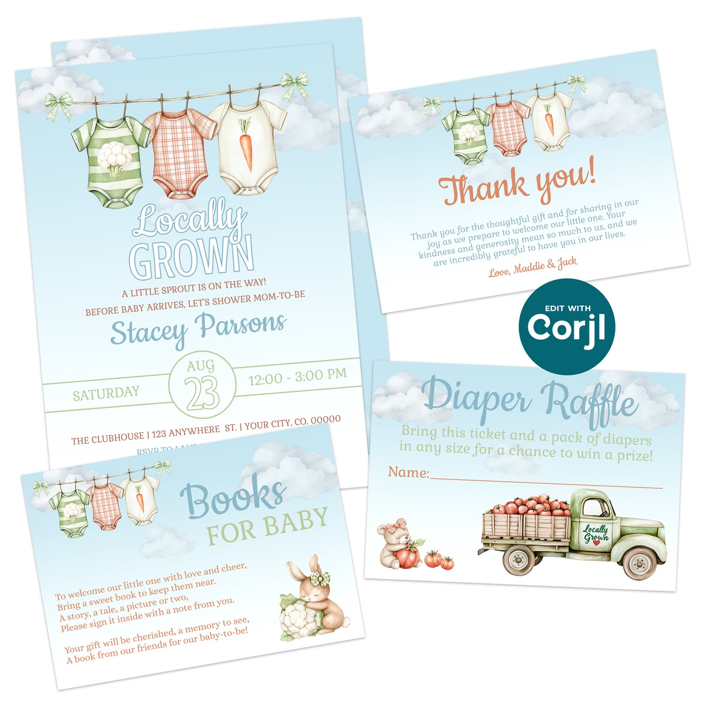 Set of baby shower invitation cards with farm-themed illustrations, including hanging baby clothes, a vintage truck with diapers, and thank you notes in blue and green tones.