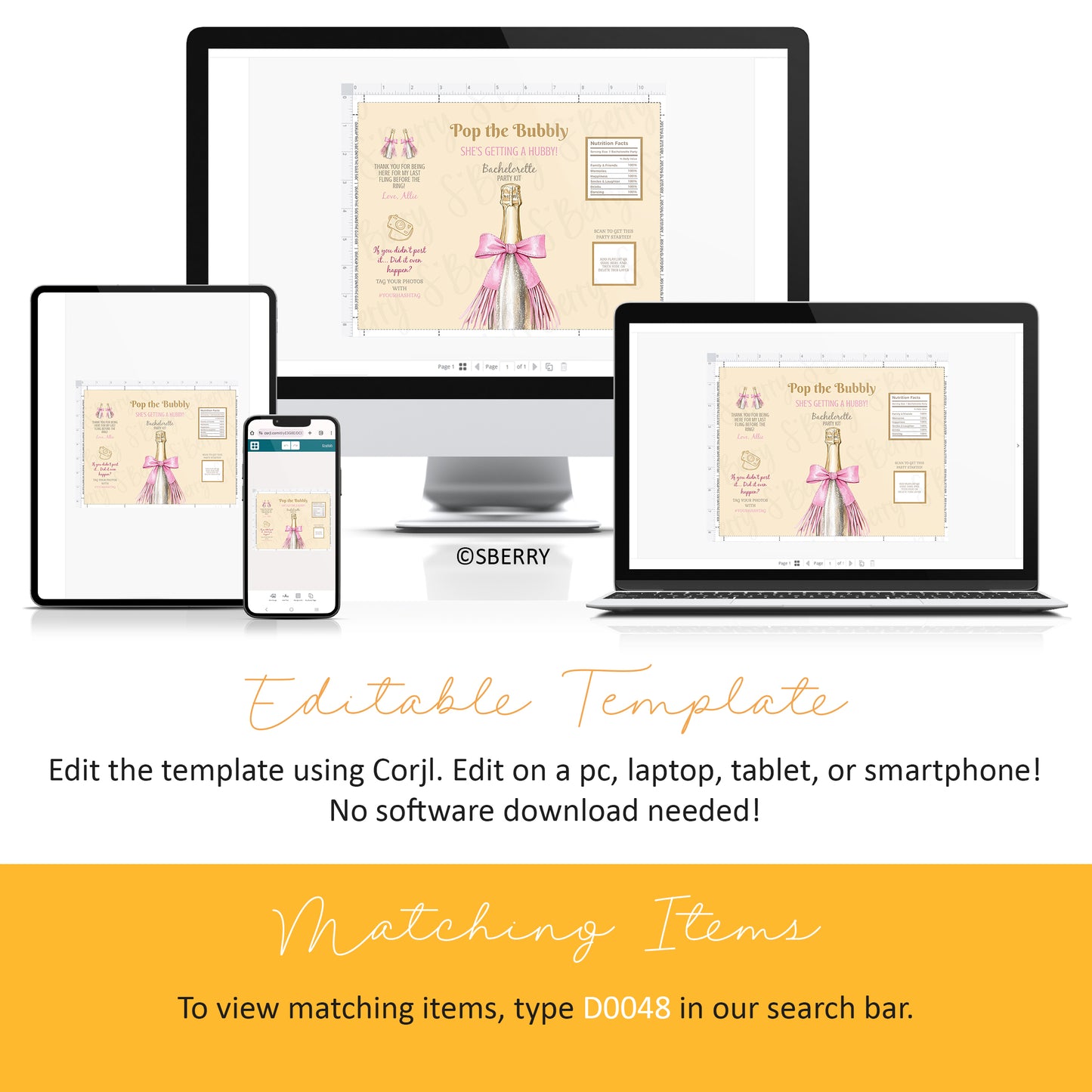 Four devices—a desktop, laptop, tablet, and smartphone—display the same editable template for a bridal shower invitation, with instructions for editing and searching matching items.
