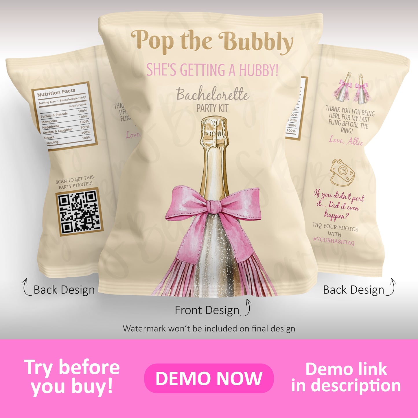 Front and back views of a bachelorette party kit package featuring a champagne bottle with a pink bow, nutrition facts, QR code, and thank you note.
