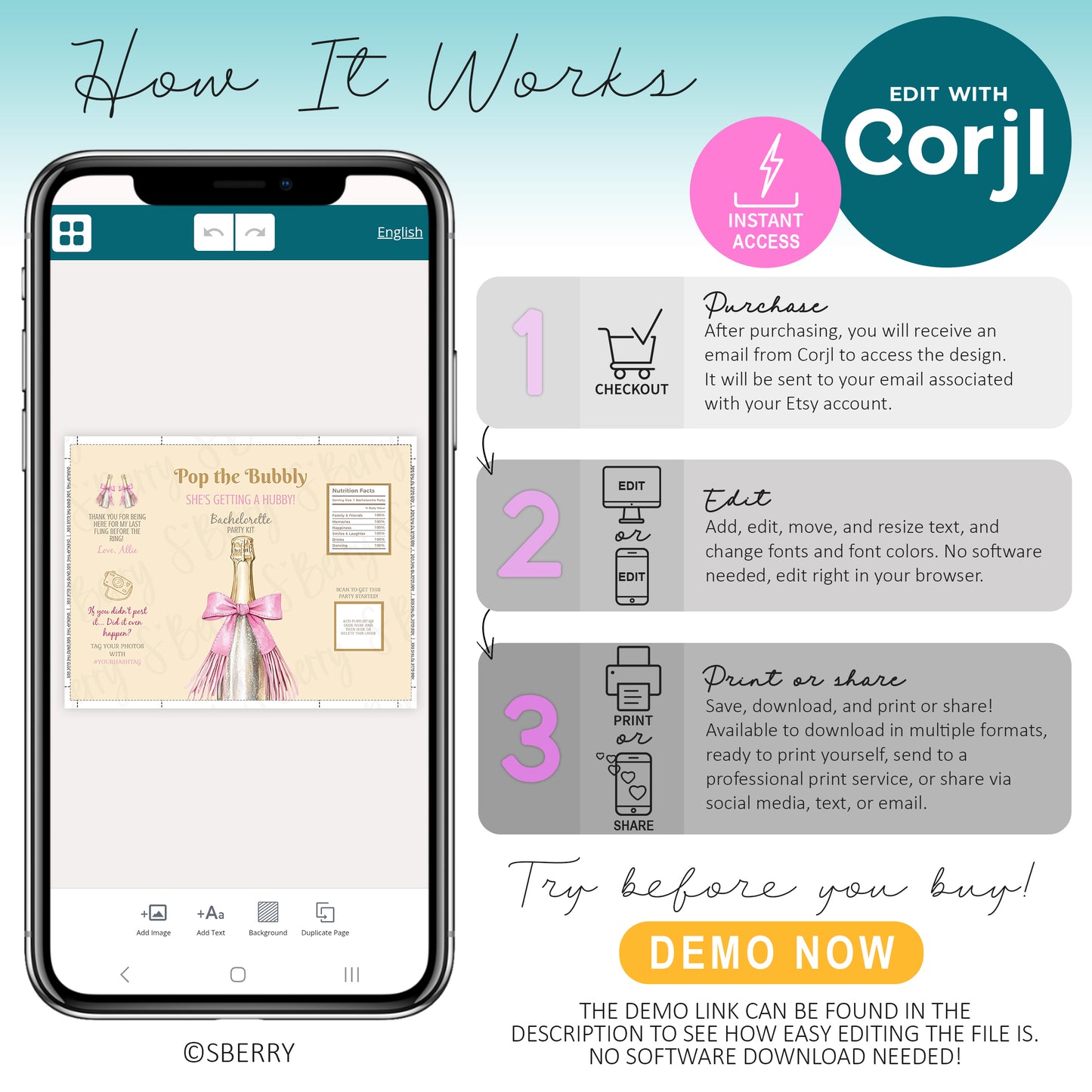 An infographic showing steps to edit with Corjl: checkout, edit online, and print or share. Includes a phone displaying a sample design and instructions for demo access.