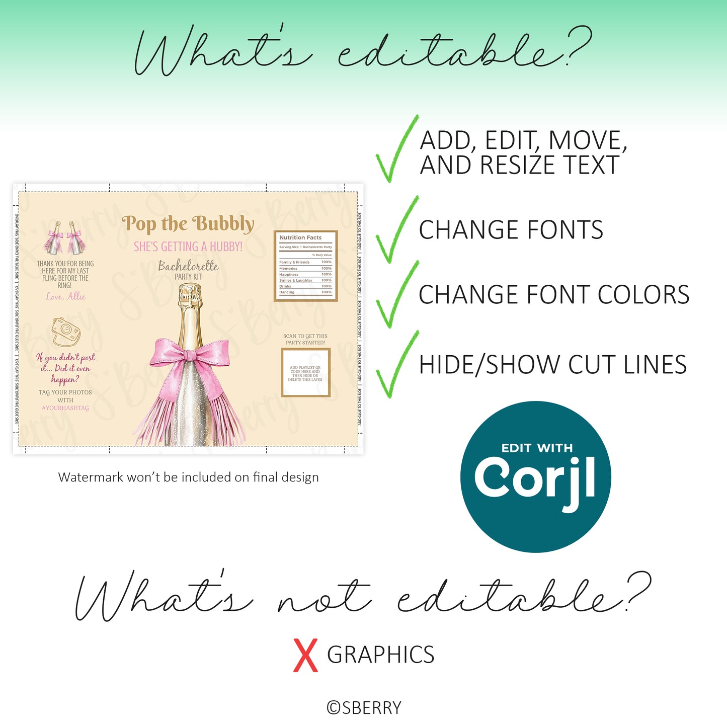 Editable features include text, fonts, font colors, and cut lines; graphics are not editable. Image shows a champagne invitation and Corjl editing logo.