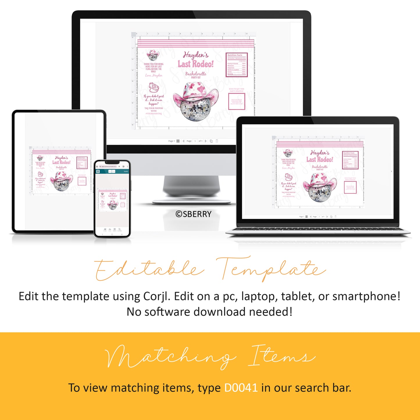 Four devices—a desktop, laptop, tablet, and smartphone—display a digital pink rodeo-themed invitation template with instructions for editing and matching item search.