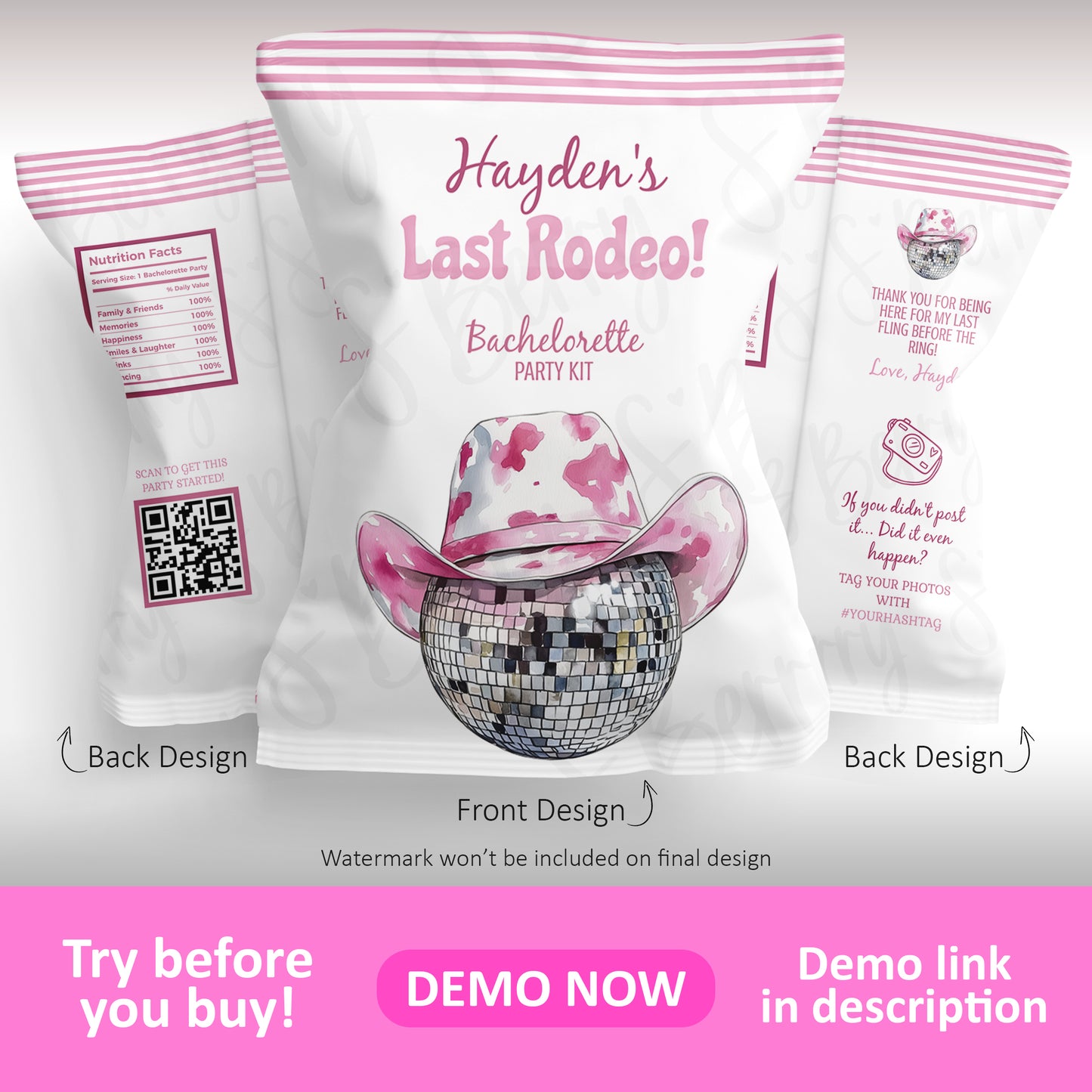 Three party favor bags labeled "Hayden's Last Rodeo! Bachelorette Party Kit" with a pink cowboy hat and disco ball design; front and back packaging designs are shown.