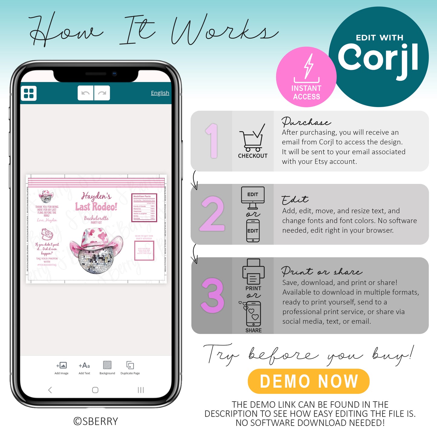 An instructional graphic explains how to edit a digital template with Corjl in three steps: purchase, edit, and then print or share, using a mobile phone interface as an example.
