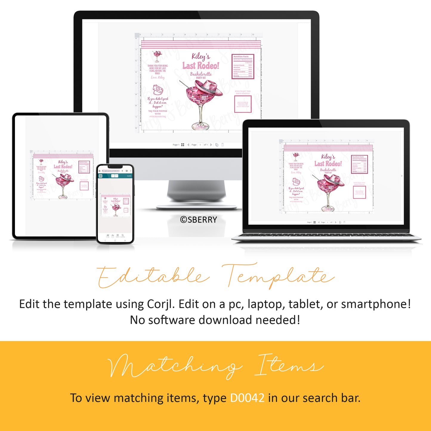 A digital invitation template for "Kiley's Last Rodeo" is displayed on a desktop, laptop, tablet, and smartphone, showing multi-device editing capability.