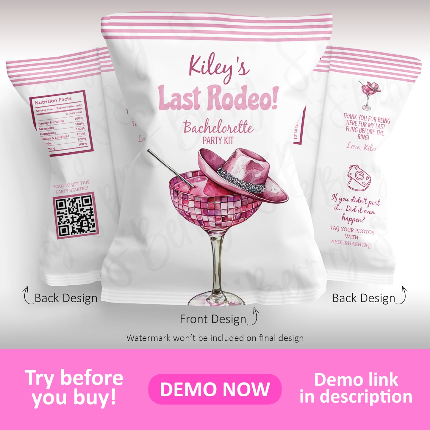Bachelorette party kit packaging with a pink cowgirl hat in a cocktail glass on the front, and product information on the back and sides.
