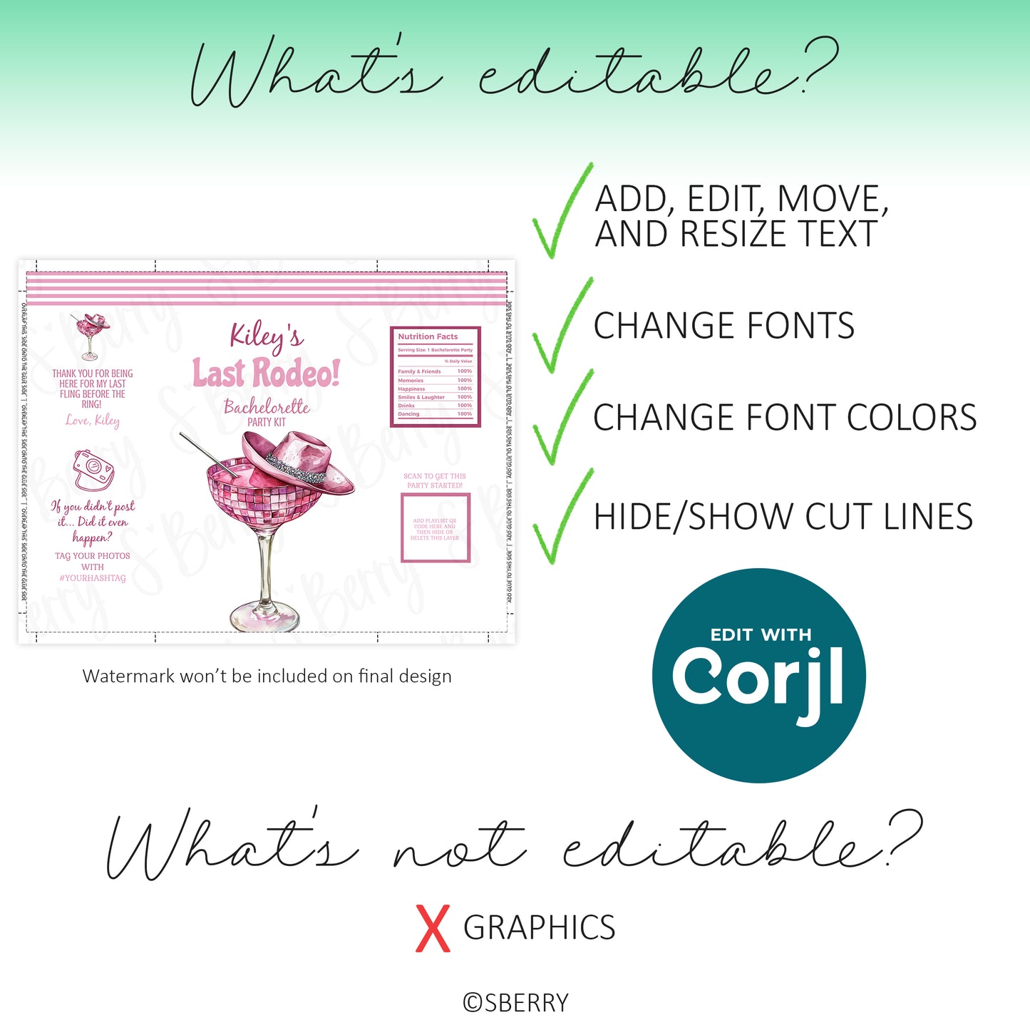 Digital party invitation template with editable text, fonts, and font colors via Corjl; graphics are not editable. Text can be added, edited, moved, resized, and cut lines can be hidden or shown.