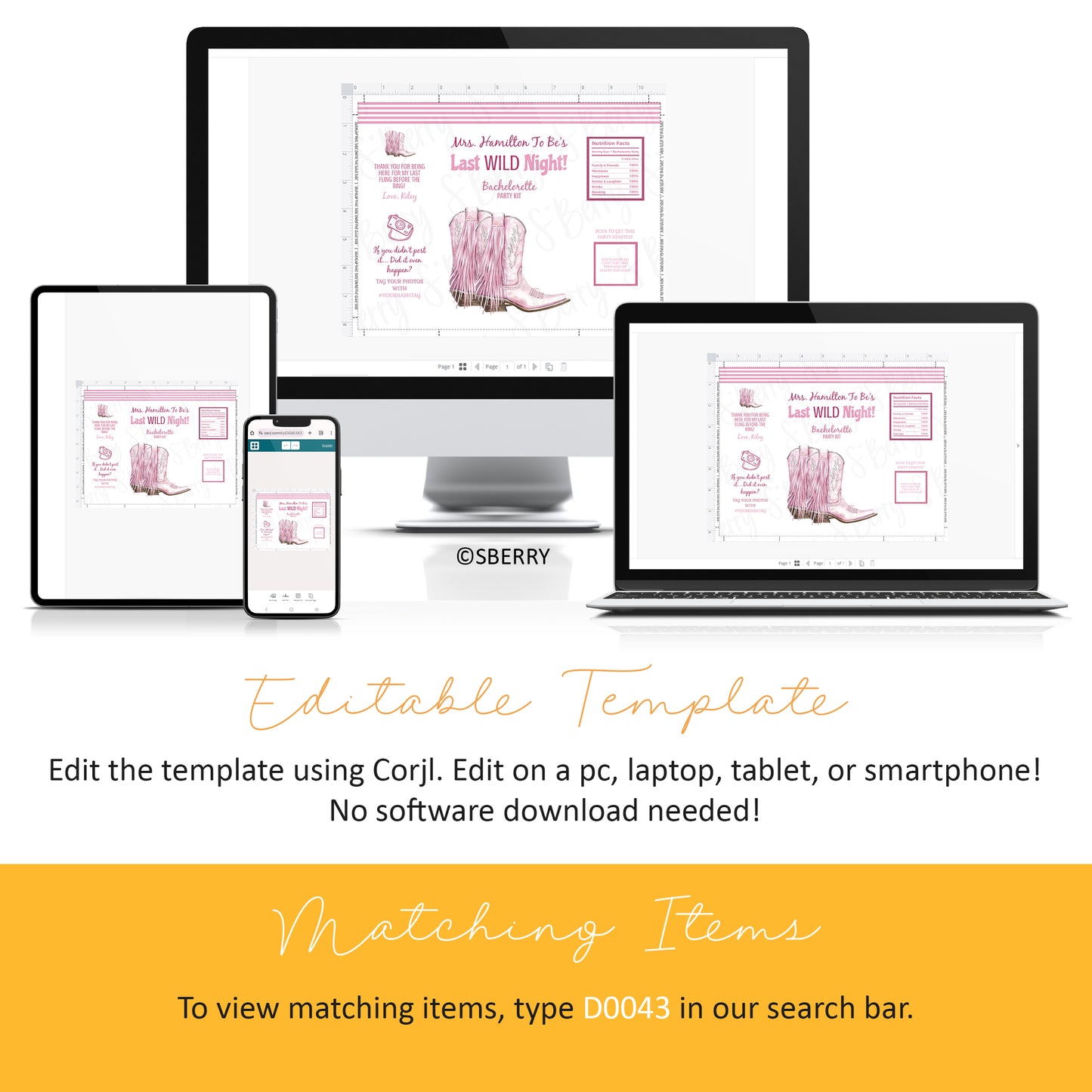 A pink bachelorette invitation template with cowboy boots is displayed on a desktop, laptop, tablet, and smartphone. Text explains the template is editable on any device using Corjl.