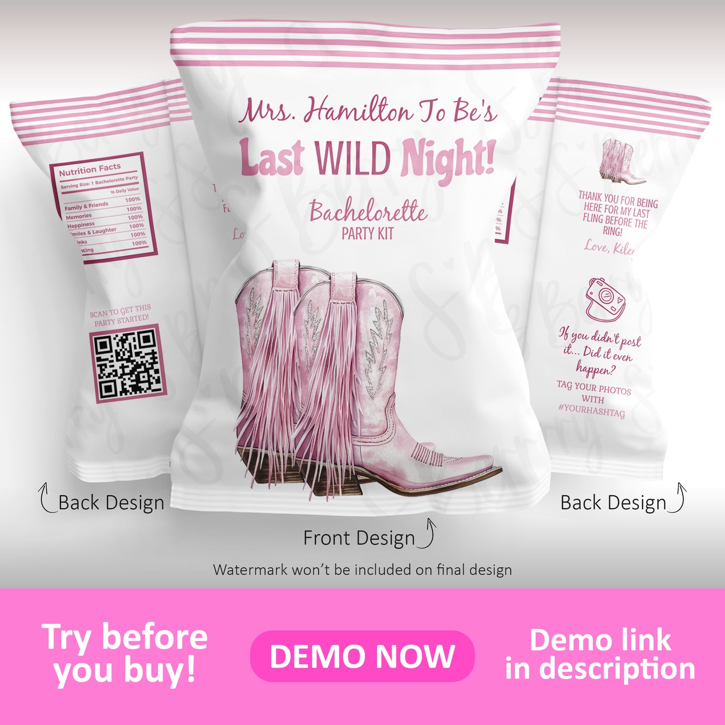 A bachelorette party kit package featuring pink fringe cowboy boots on the front and QR codes with text on the back; demo and promo banners at the bottom.