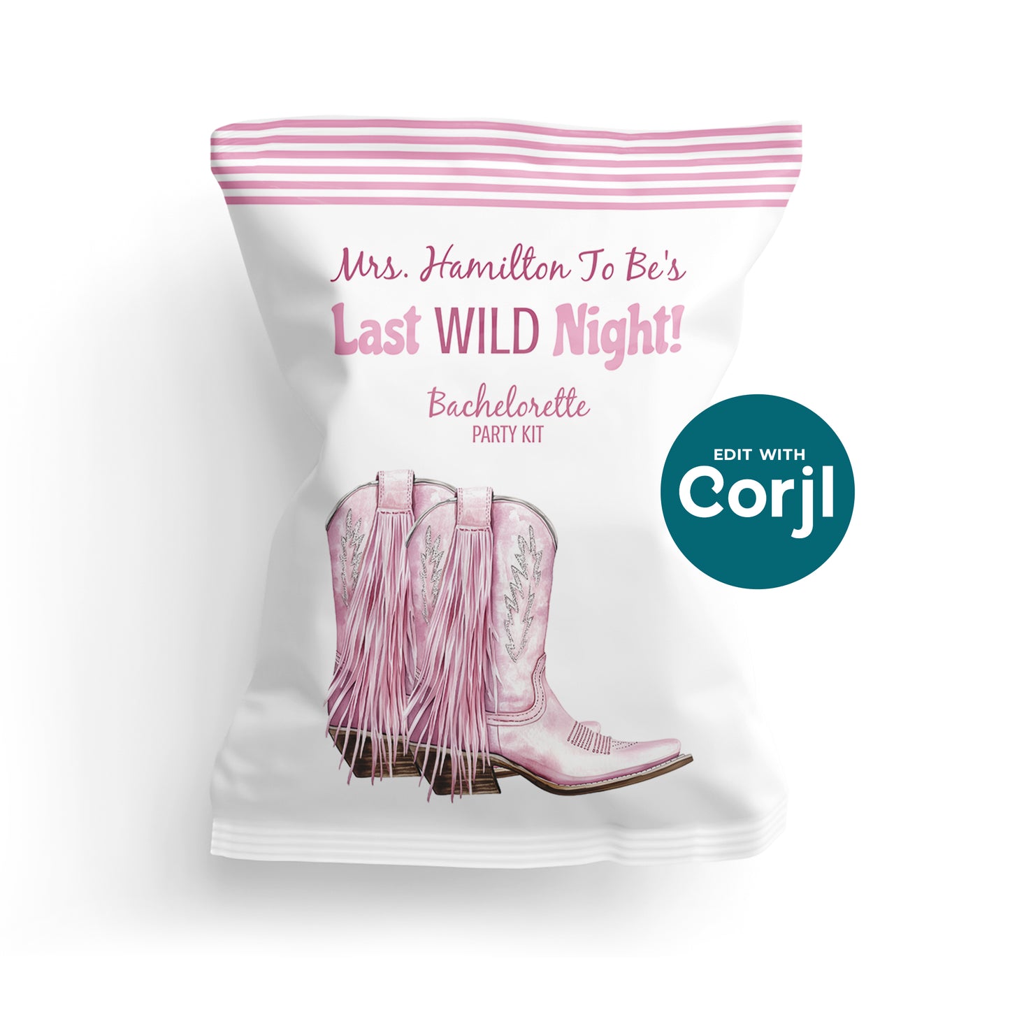 White party favor bag with pink cowboy boots illustration, pink stripes at the top, and text reading "Mrs. Hamilton To Be's Last WILD Night! Bachelorette Party Kit.