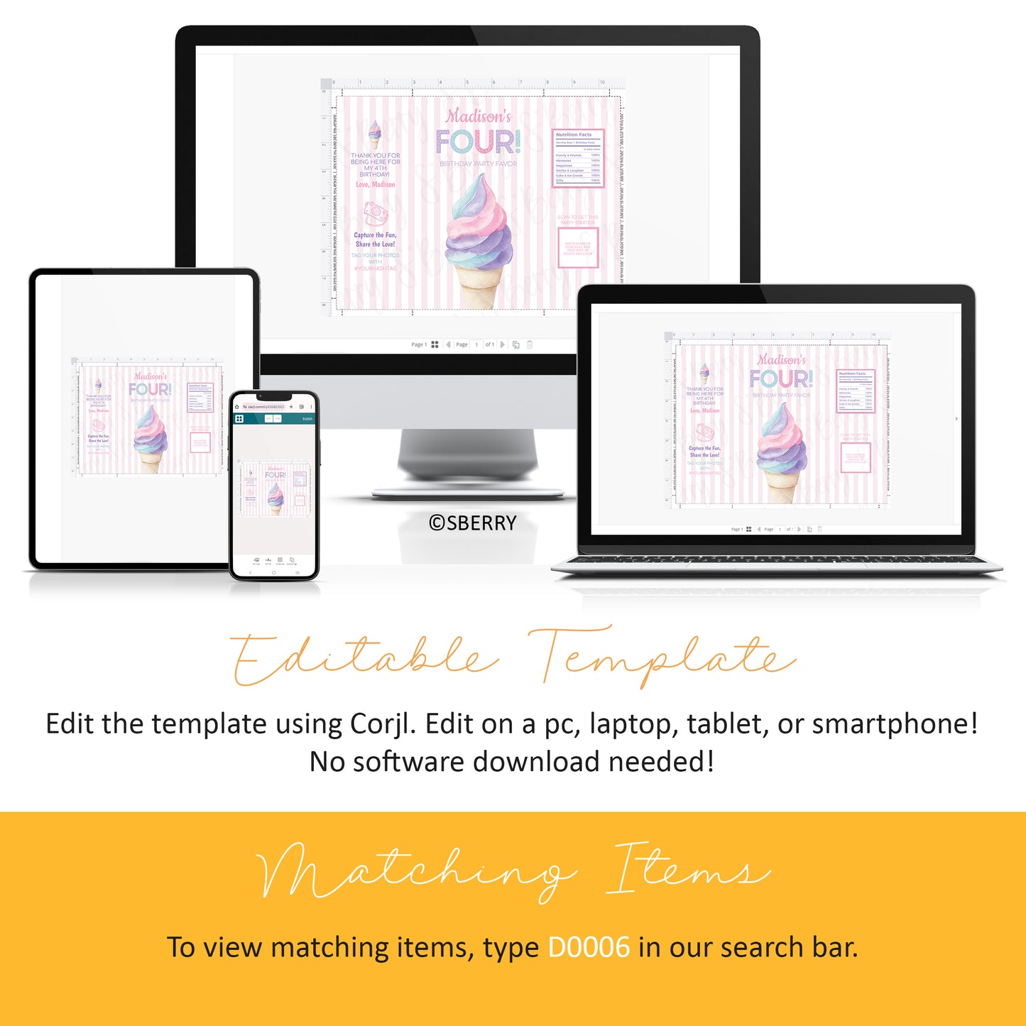 A digital ice cream party invitation template is displayed on a desktop, laptop, tablet, and smartphone, showing its compatibility across devices.