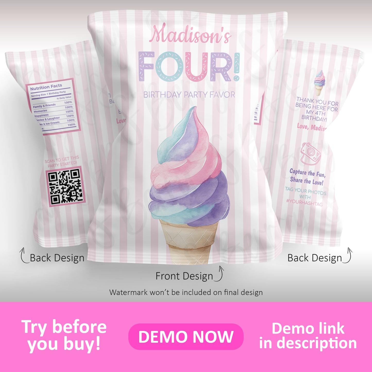 A pastel-striped party favor bag with "Madison's FOUR! Birthday Party Favor" text and an illustration of a pink, purple, and blue ice cream cone on the front.