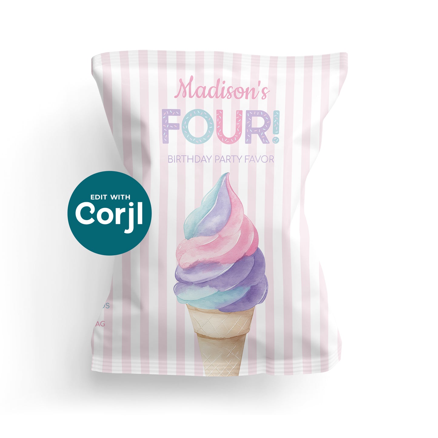A pastel-striped party favor bag with a watercolor ice cream cone and the text "Madison's FOUR! Birthday Party Favor" printed on the front.