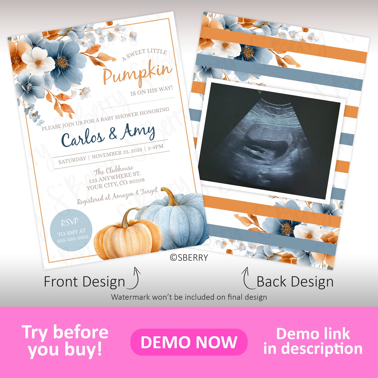 A floral baby shower invitation with pumpkins and blue accents on the front, and a striped border around an ultrasound image on the back.