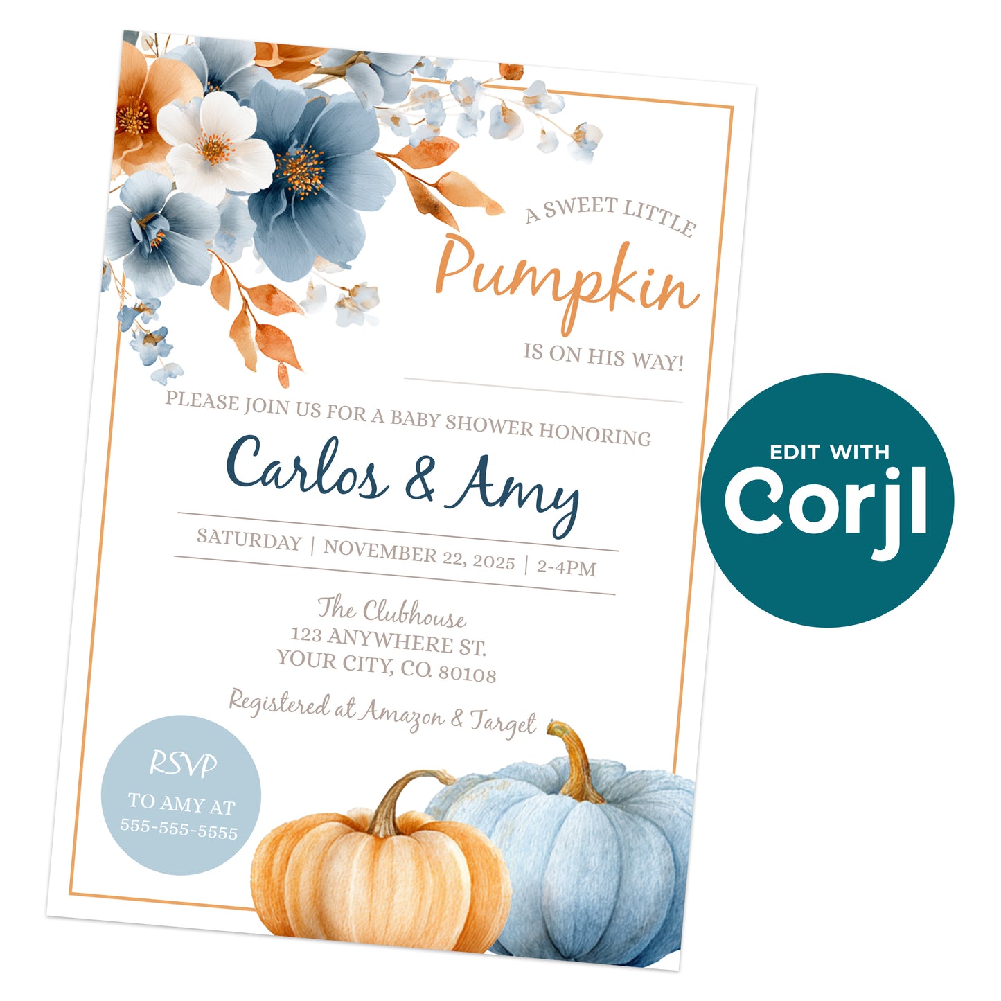 Baby shower invitation with blue and orange floral designs and pumpkins, honoring Carlos and Amy, scheduled for November 22, 2025, at The Clubhouse.