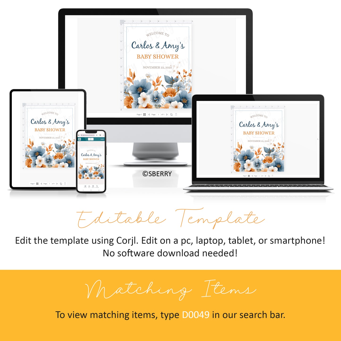 A baby shower invitation template is displayed on a desktop, laptop, tablet, and smartphone, with instructions for editing the template using Corjl and searching for matching items.