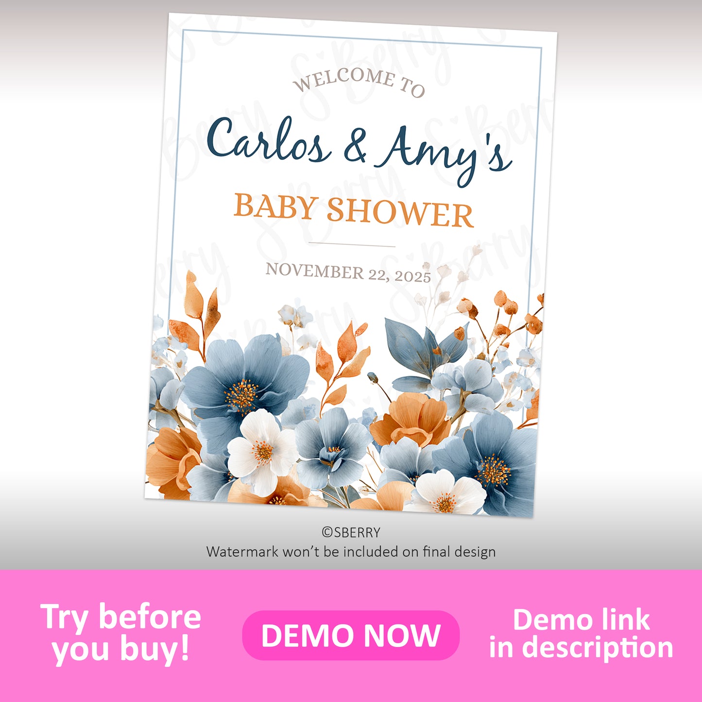 A baby shower invitation for Carlos & Amy, dated November 22, 2025, with blue and orange floral decorations.