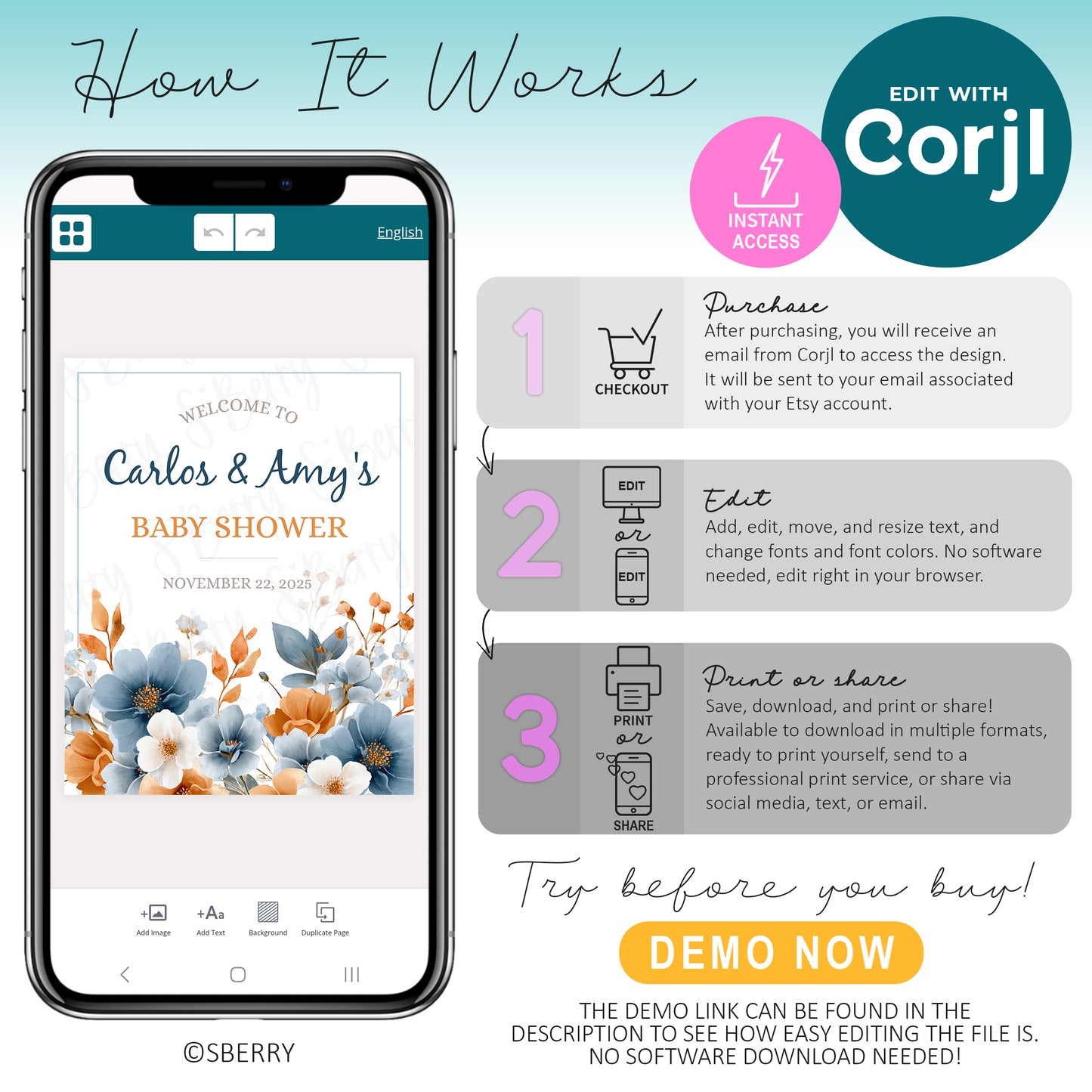 An instructional graphic explaining how to edit a baby shower invitation template on Corjl, with steps for purchasing, editing, and downloading, alongside a phone displaying the invitation design.