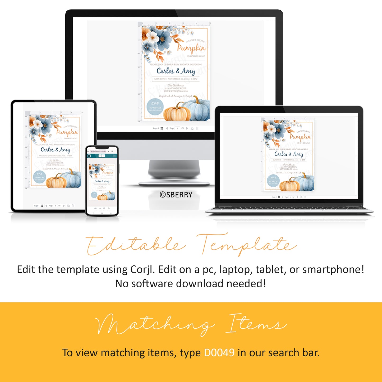 Four digital devices display an editable pumpkin-themed invitation template. Text explains that the template can be edited on multiple devices using Corjl with no software download needed.