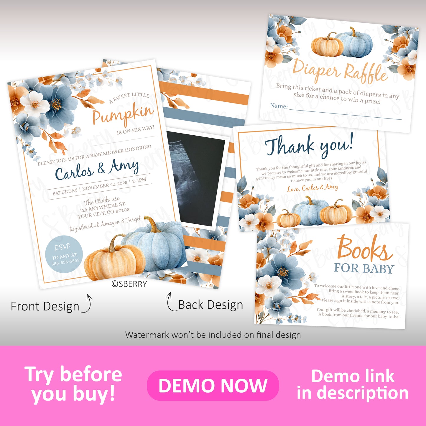 A set of floral and pumpkin-themed baby shower printables, including invitation, diaper raffle, thank you, and books for baby cards, displayed with a pink "DEMO NOW" banner at the bottom.