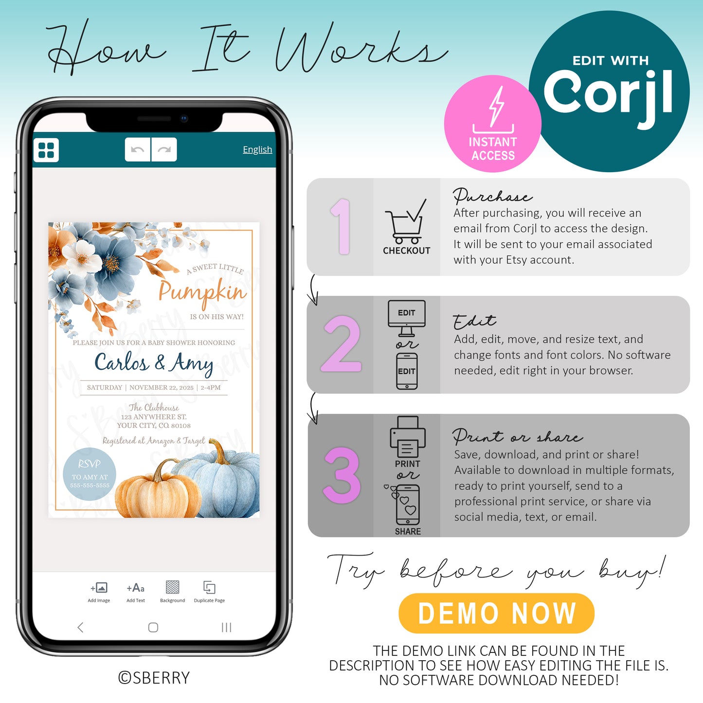 A phone displays a digital pumpkin-themed invitation template with step-by-step instructions for purchasing, editing, and downloading or printing the design using Corjl.