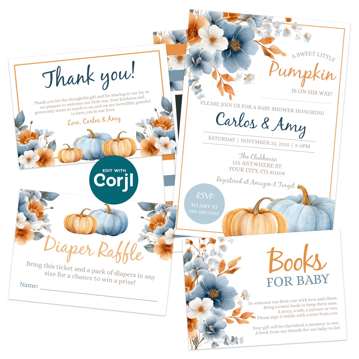 A set of autumn-themed baby shower stationery featuring pumpkins and blue-orange flowers, including invitations, thank you card, diaper raffle, and books for baby card.