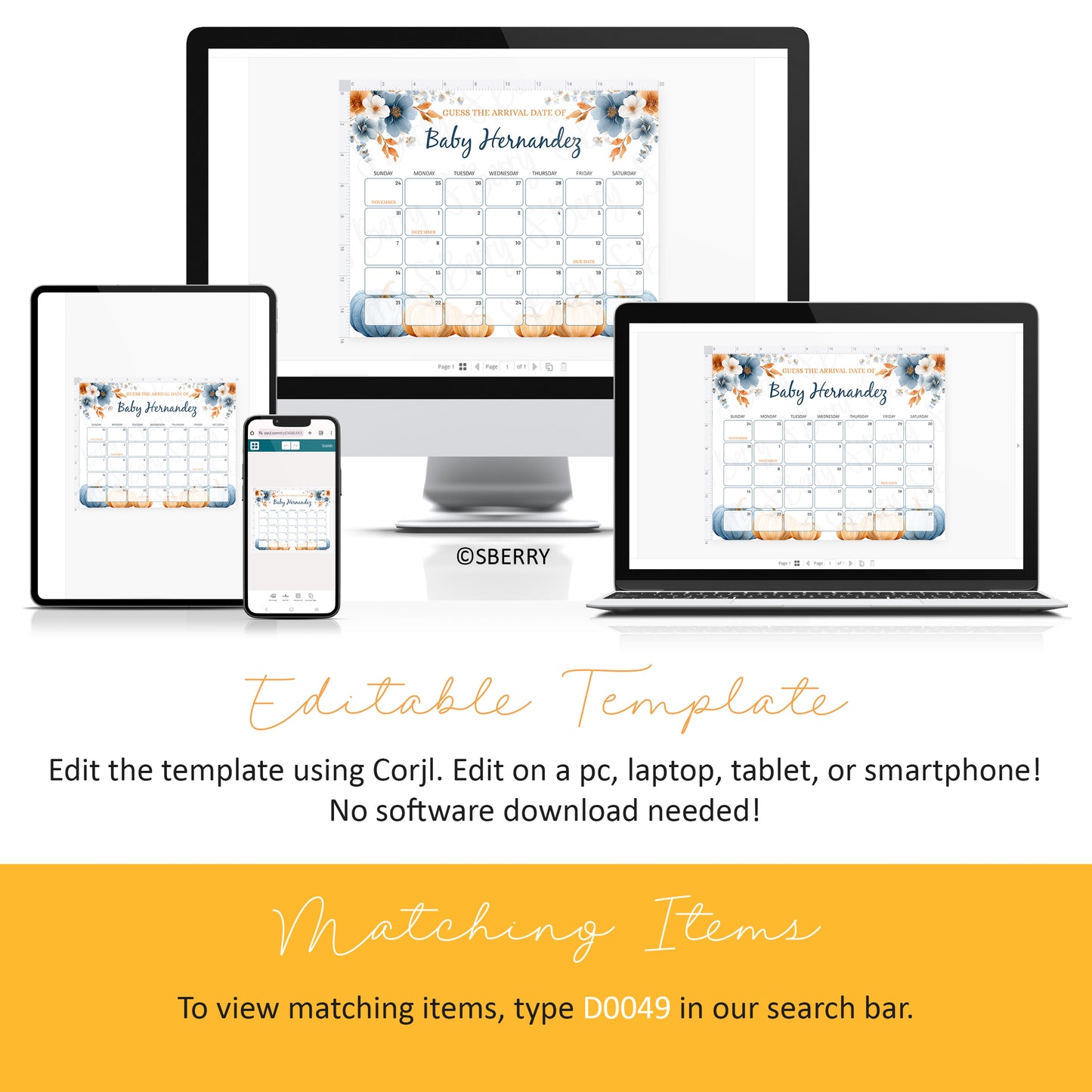 Digital baby shower calendar template displayed on various devices, with instructions for editing via Corjl and a note on finding matching items using code D0049.