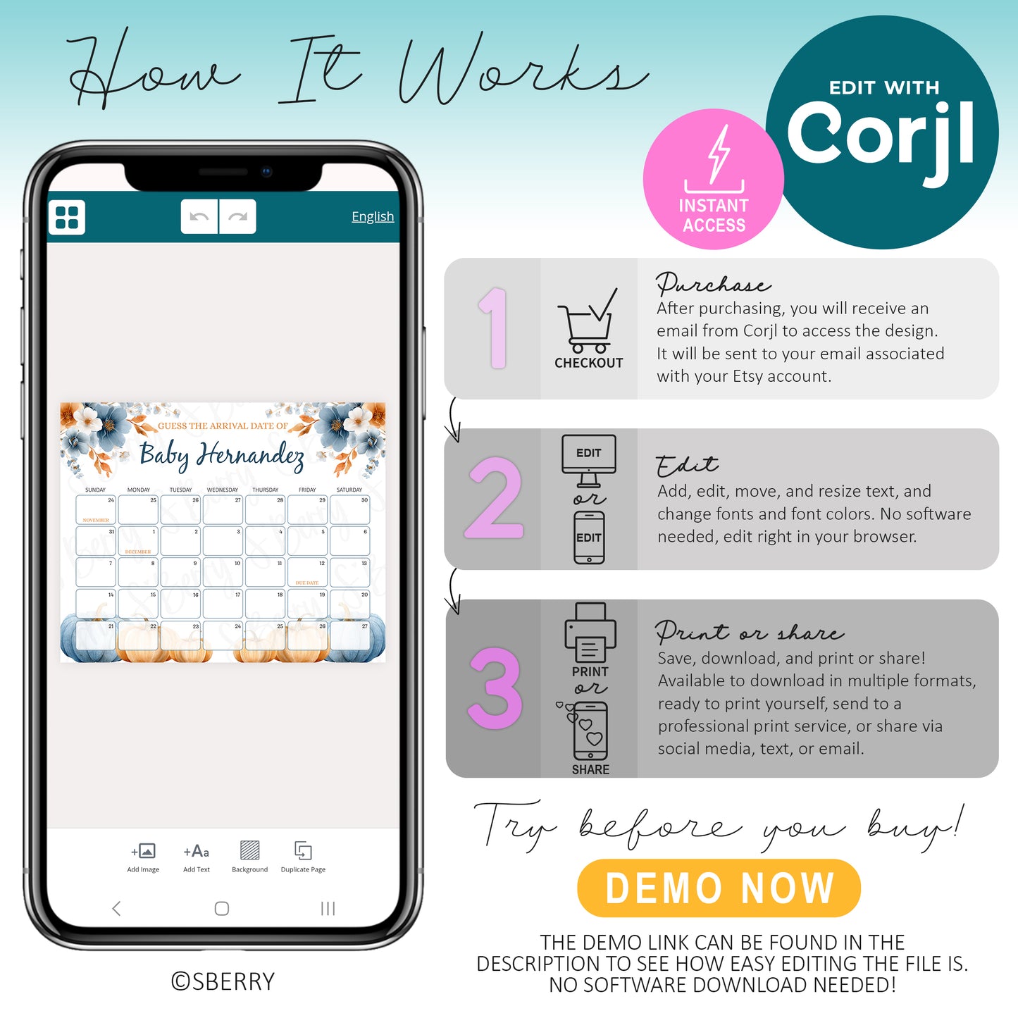 Infographic showing steps to edit a baby shower template with Corjl: purchase, edit in browser, then print or share. Includes a mobile interface example and a demo invitation.