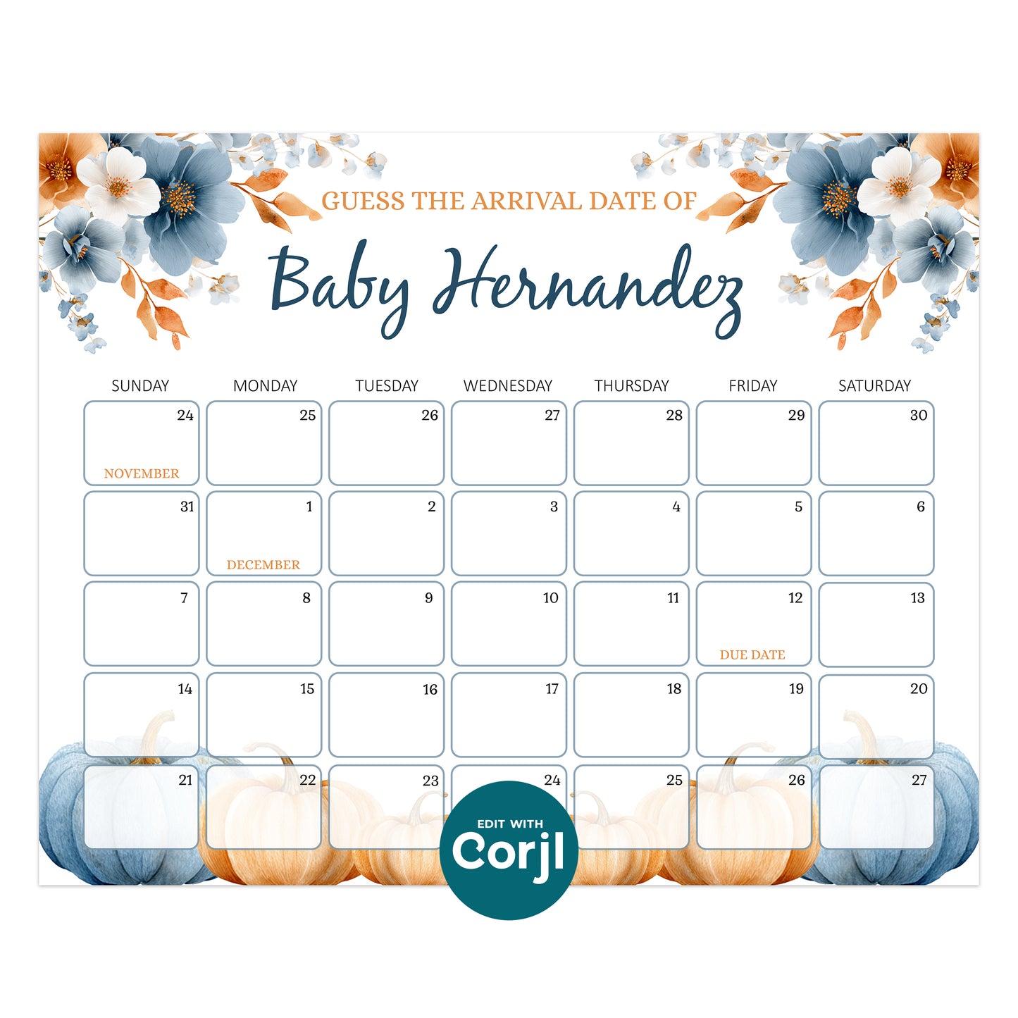 Fall-themed baby due date prediction calendar for "Baby Hernandez," with floral and pumpkin decorations, and dates spanning late November to mid-December.