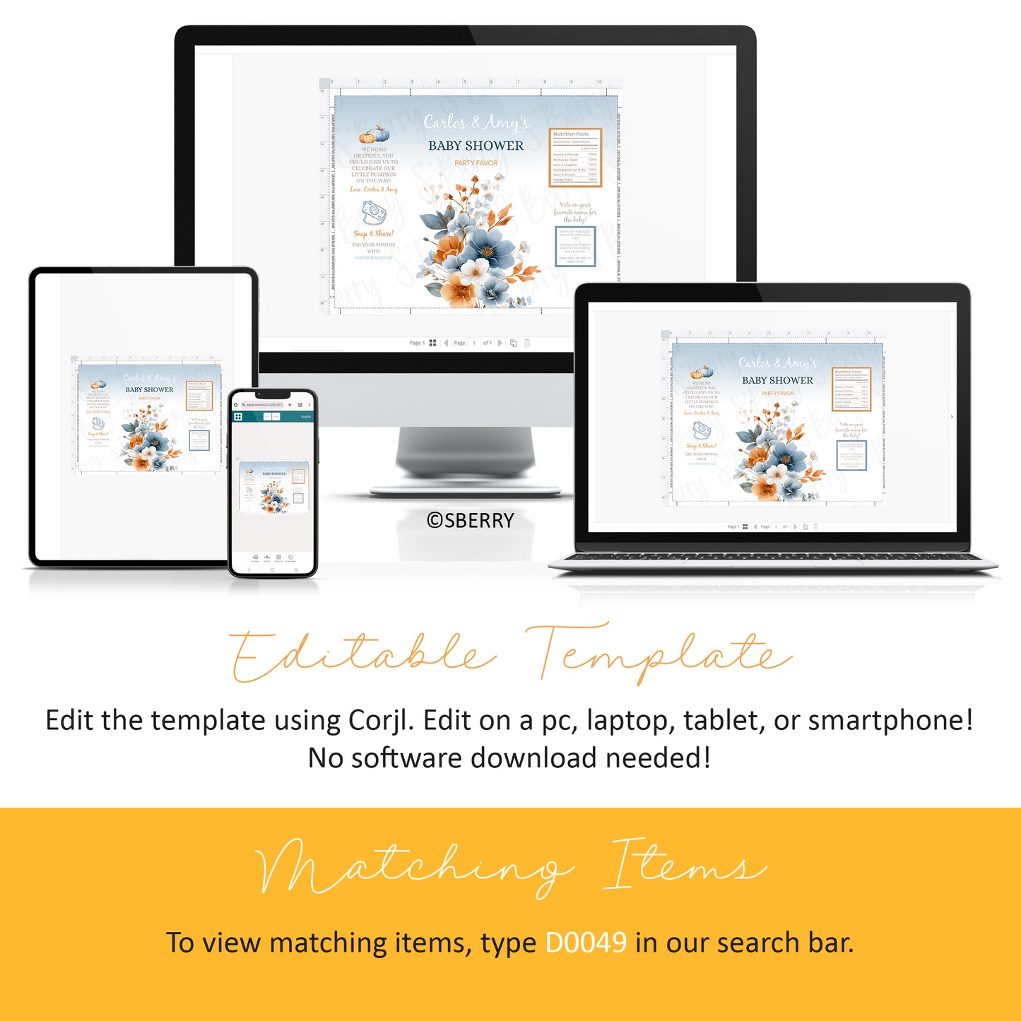 A baby shower invitation template is displayed on a desktop, laptop, tablet, and smartphone, with text describing that it can be edited on any device using Corjl without software download.