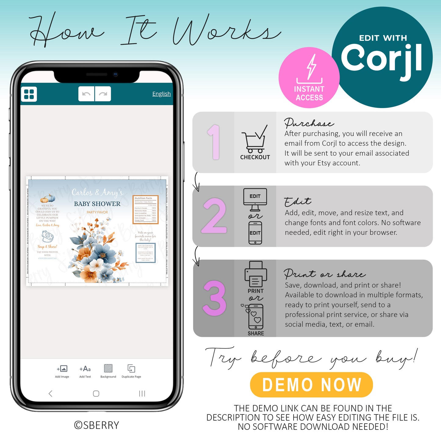 An infographic explains how to use Corjl to edit and purchase a baby shower invitation on a mobile device, with step-by-step icons and instructions.