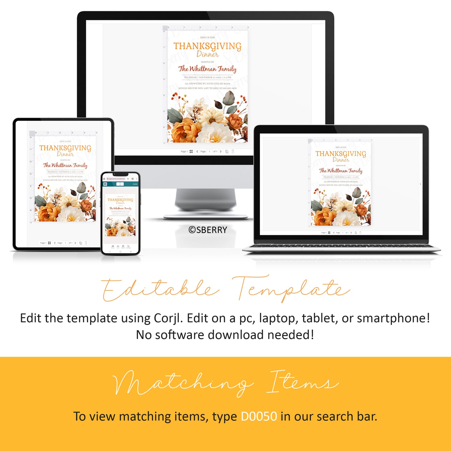 Digital Thanksgiving dinner invitation template displayed on a smartphone, tablet, laptop, and desktop; instructions for editing and finding matching items shown.