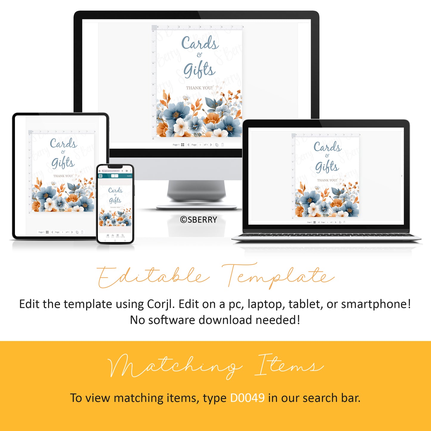 A "Cards & Gifts" editable template is displayed on a desktop, laptop, tablet, and smartphone, with instructions for editing and searching matching items using code D0049.
