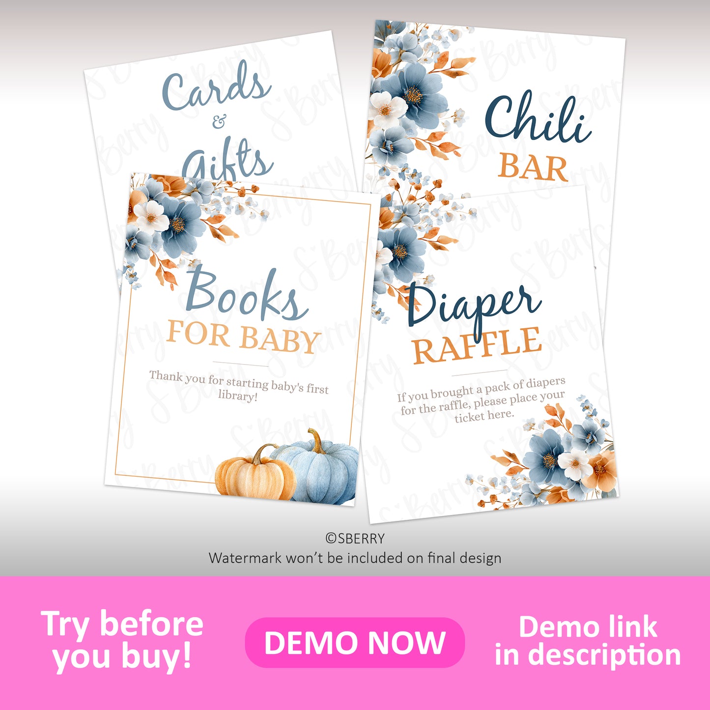 Four baby shower signs with floral designs and pastel pumpkins, labeled "Cards & Gifts," "Books for Baby," "Chili Bar," and "Diaper Raffle.