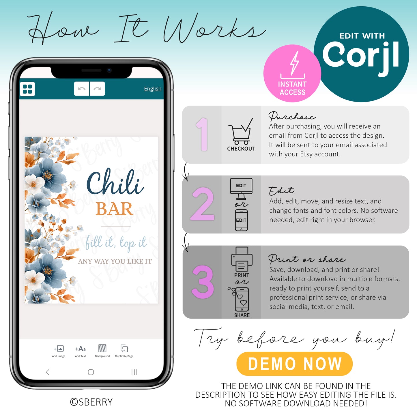 An infographic explains how to edit a "Chili Bar" sign via Corjl: purchase, edit online, then download or share. Phone screen shows the editable design.