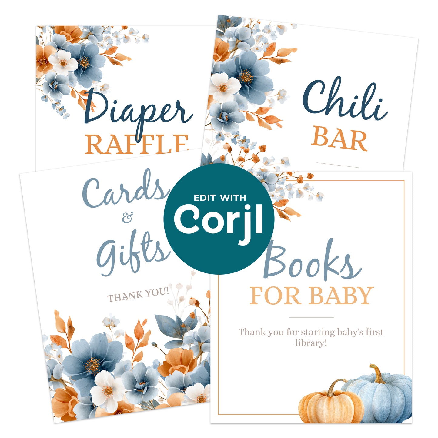 Four baby shower signs featuring blue and orange floral designs with headings: Diaper Raffle, Chili Bar, Cards & Gifts, and Books for Baby, with pumpkins on the Books for Baby sign.