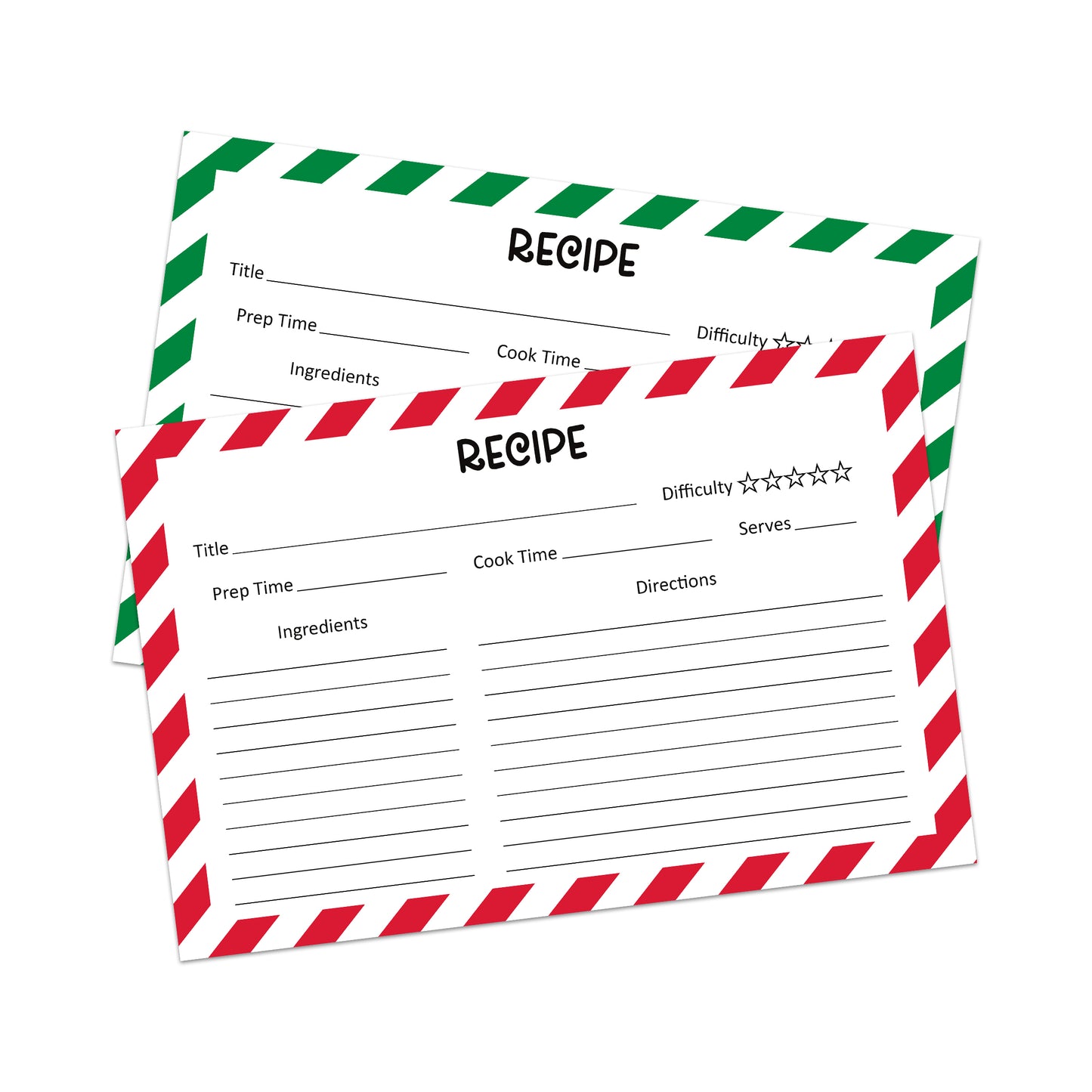 Two blank recipe cards with red and green striped borders, containing sections for title, prep time, cook time, difficulty, ingredients, directions, and servings.