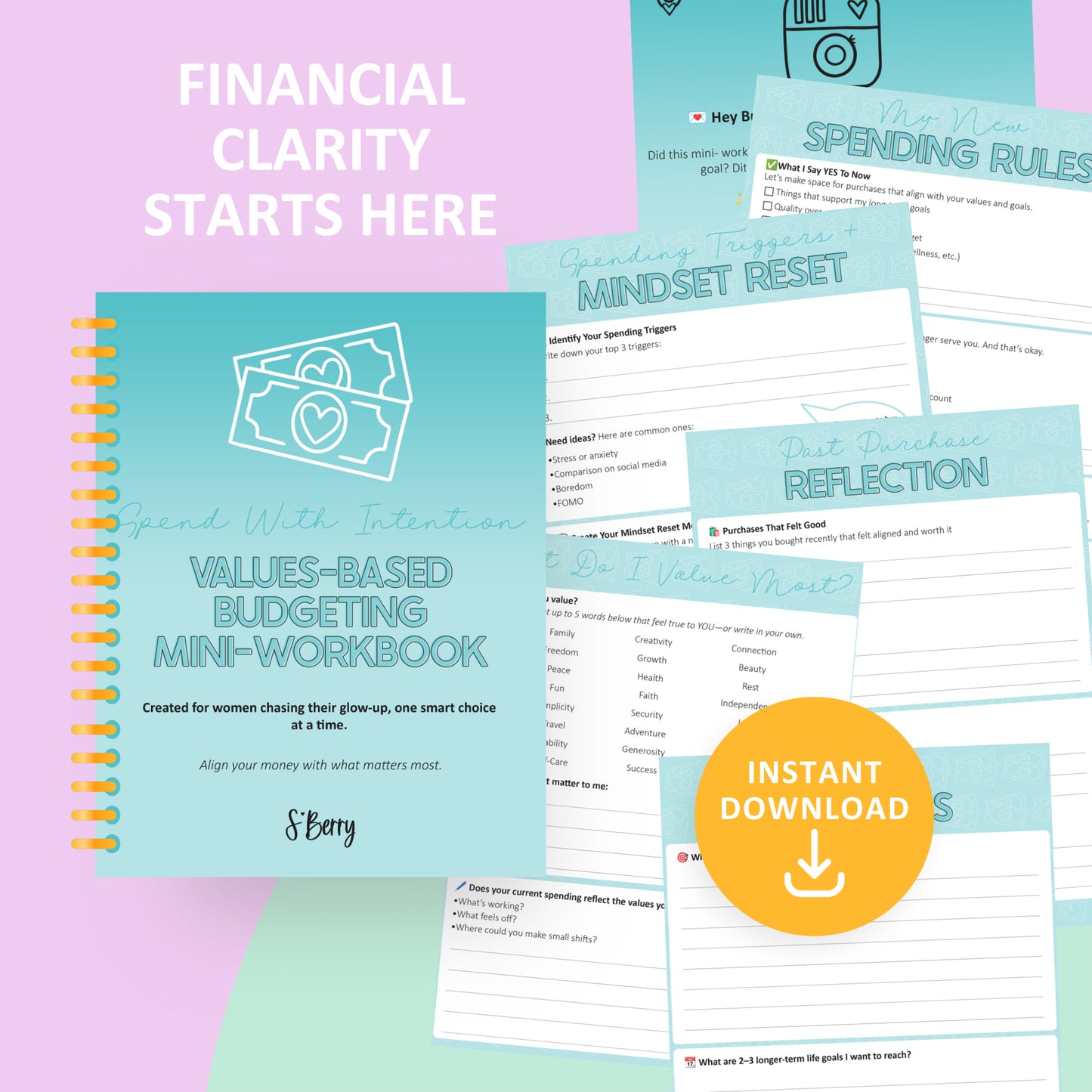 Image of a values-based budgeting mini-workbook for women, with worksheets on spending rules, reflection, and mindset. Text reads "Financial Clarity Starts Here" and "Instant Download.